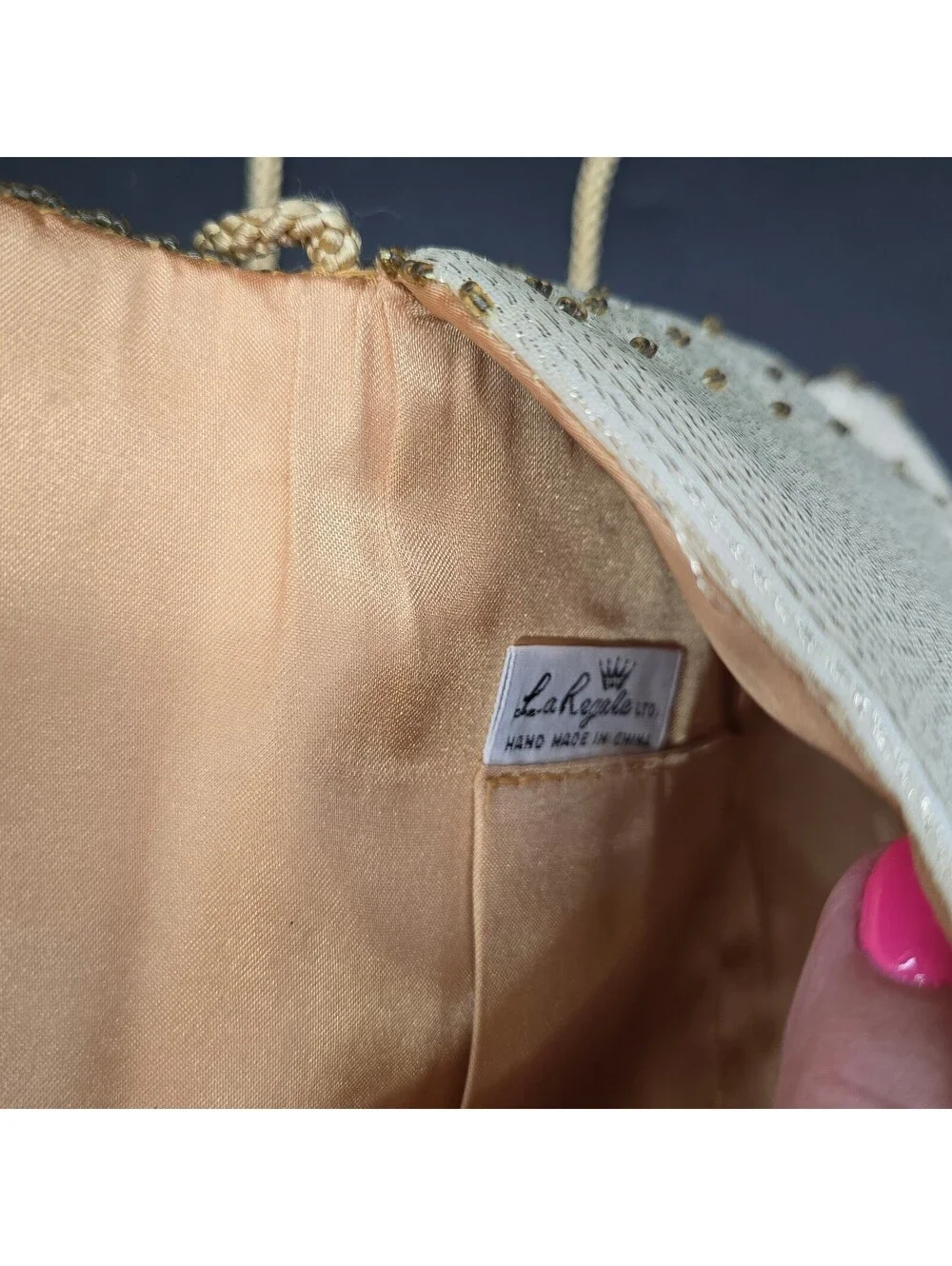 Vintage La Regale Hand Beaded Clutch Purse Cream Gold Floral Evening Bag 1980s